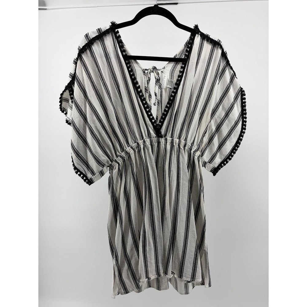 Dotti‎ Black White Stripe Fringe Dolman Sleeve V-Neck Swimsuit Coverup, Size M